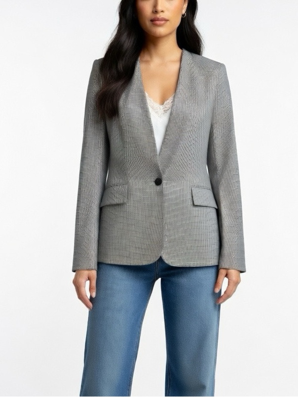 Zara Houndstooth Black and White Pattern Collarless Blazer Jacket